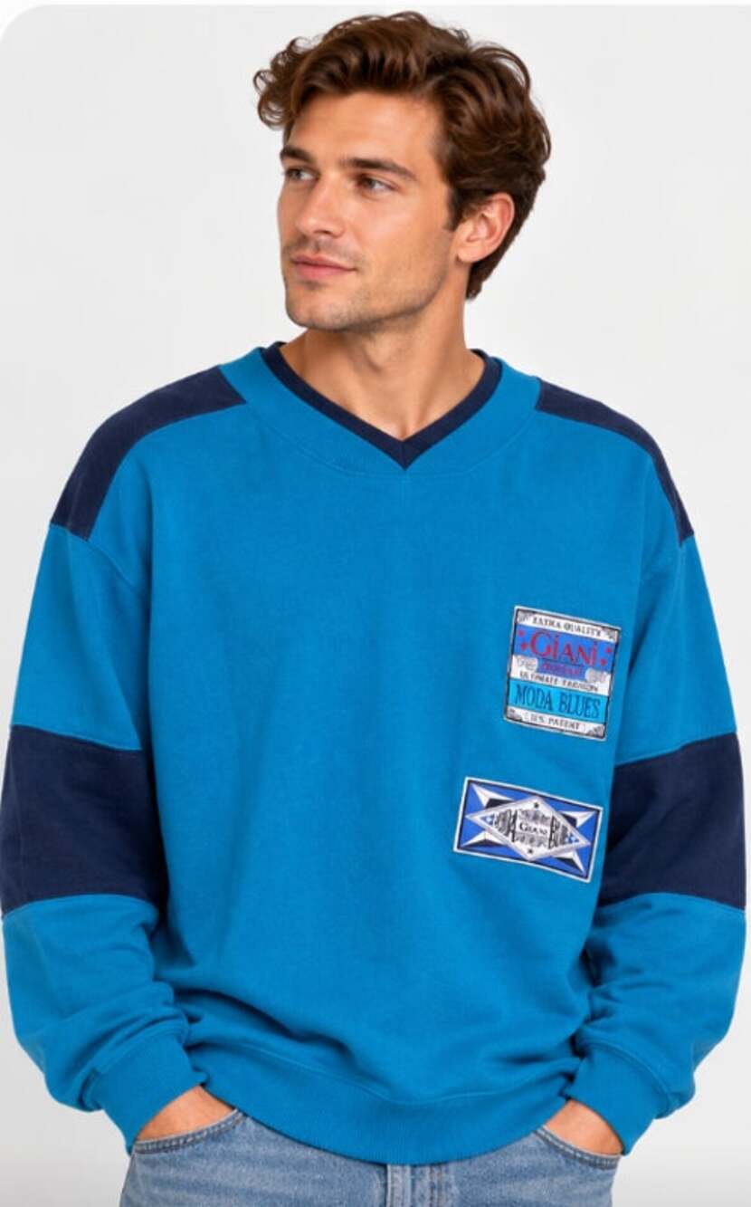 Vintage Giani L Blue Colorblock V Neck Sweatshirt Retro 80s 90s Patch Pullover